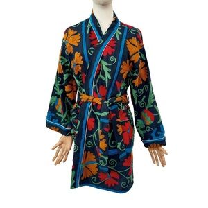 Handmade Embroidered Suzani Kimono Robe Light Coat Off Black - 100% Cotton